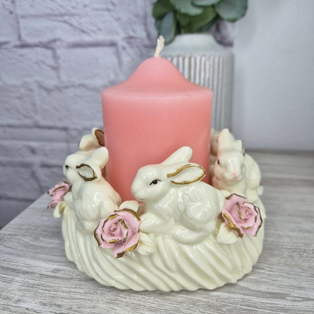 Vintage Porcelain Bunny Candle Holder Ring Pink Rose Pillar Cottagecore Coquette